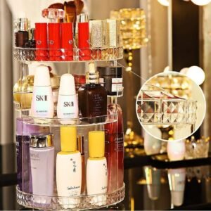 360 Rotating Makeup Organizer - Acrylic Cosmetics Case with Diamond Pattern